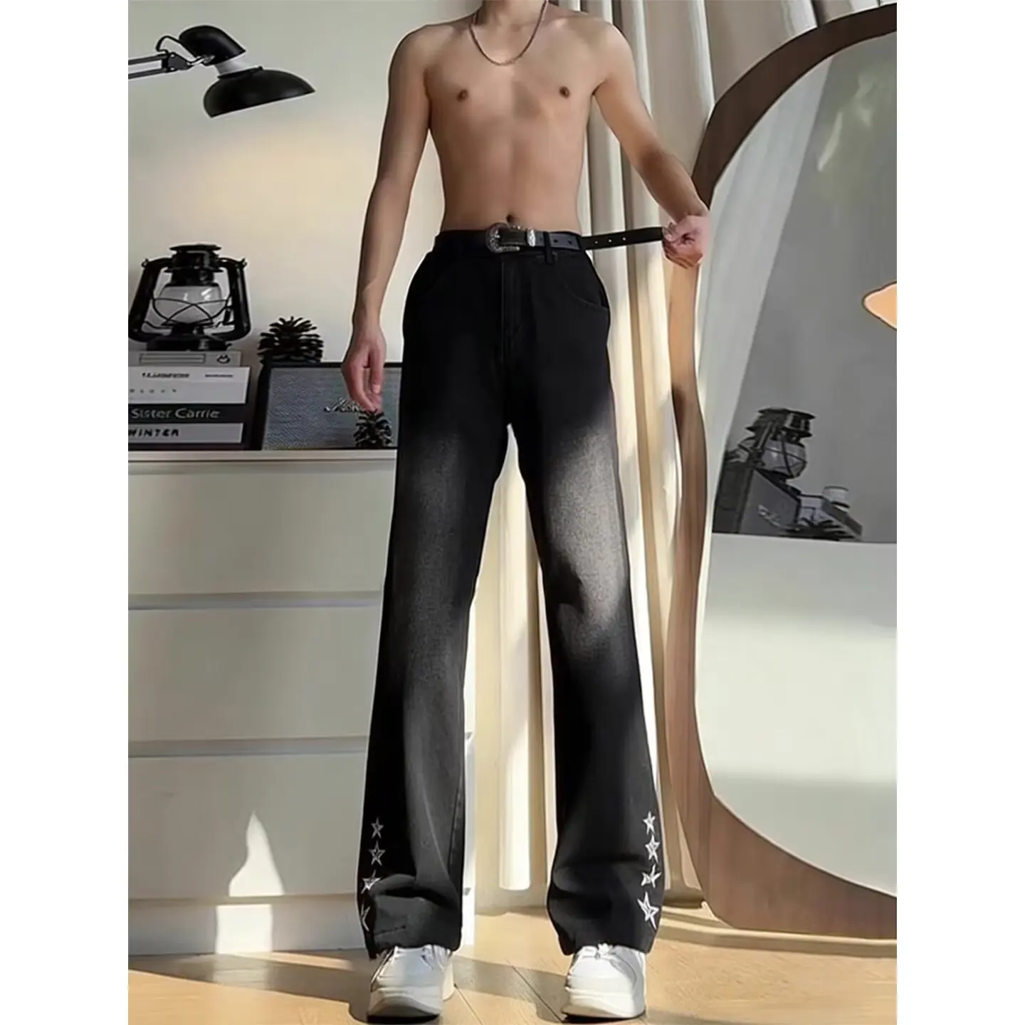 

Casual Star Embroidery Jeans for Teens Boys And Girls Straight Leg Loose Fit All Seasons Wear Resistant Stretch Denim Trousers