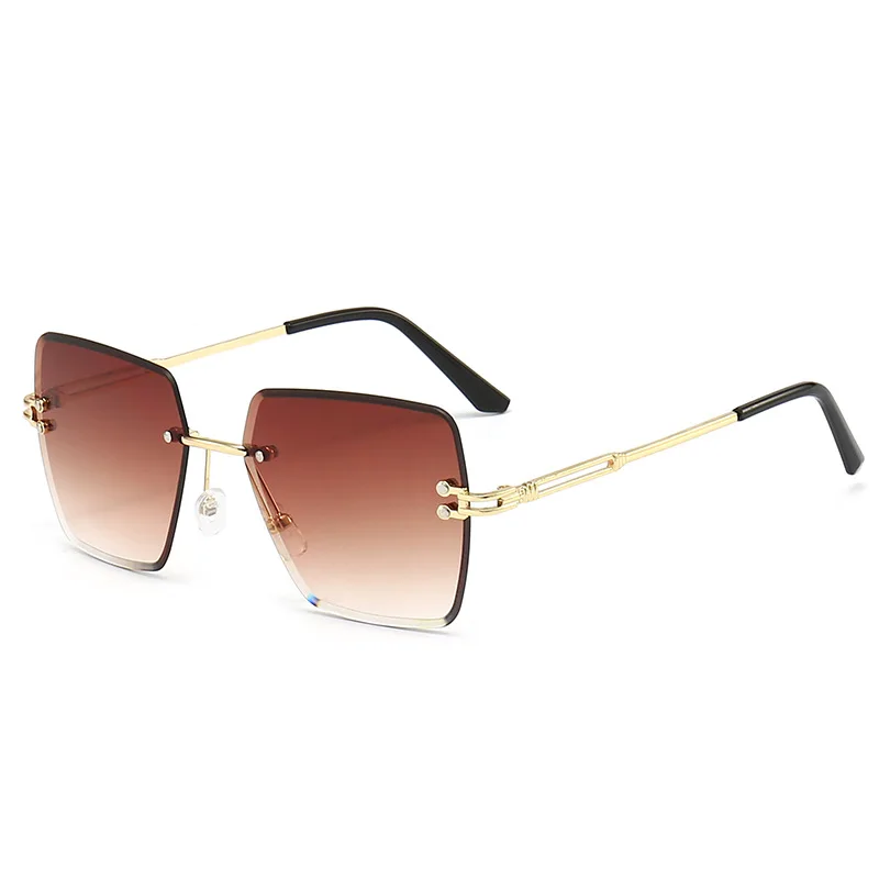Trendy Rimless Square Madam Sunglasses Gold Hollow Metal Arms Grey Lens UV400 Protection  for Vacation Party and Daily Matching