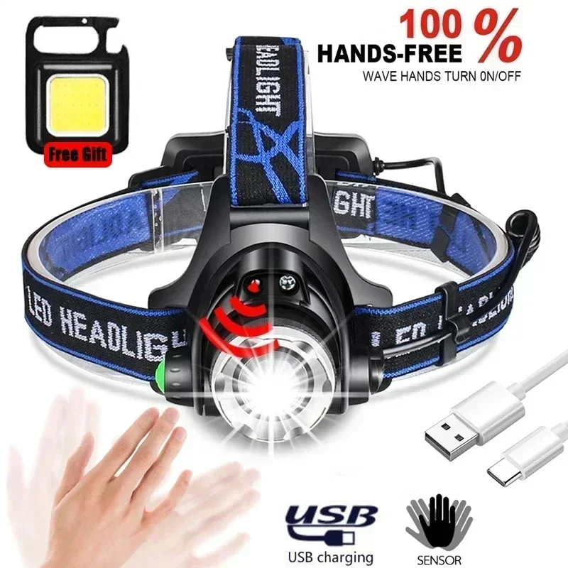 Powerful LED Induction Headlamp USB/DC Rechargeable Headlight Aluminium Alloy Outdoor Fishing Head Lamp High Lumen Head Torch