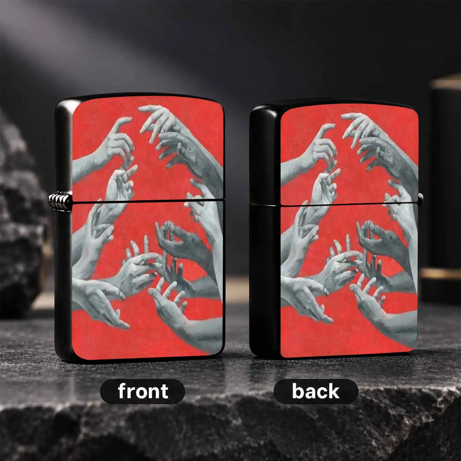 Creative Red Background Hand Group Painting Art Style Portable Lighter, Retro Art Atmosphere Desktop Play Decor, Full-scenario Usable Daily Carry Trendy Item, Unique Artistic Practical Gadget for A Humorous And Interesting Lighter