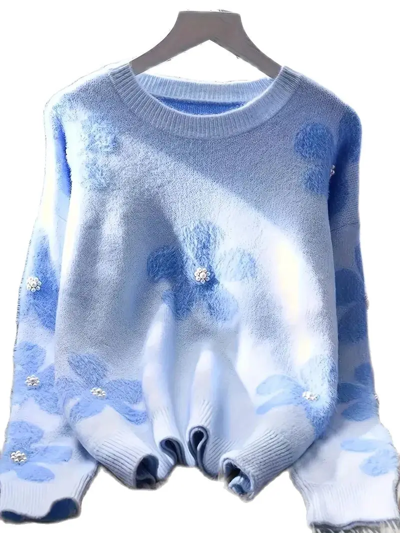 Women Sweater Autumn Winter Korean Fashion Style Beaded Flower Knit Pullover Sweet Casual Soft Flurry Pearl Tops