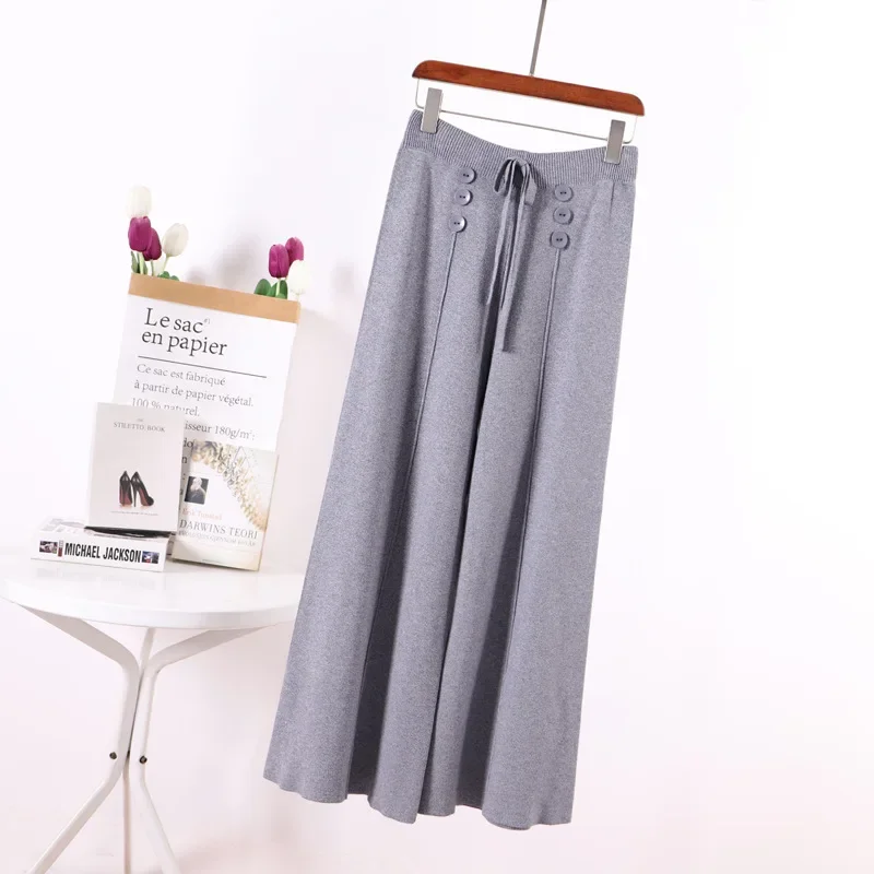 Winter Female Casual Wide-Leg Knitted Pants Buttons Elastic Waist Draw Strings Knit Trousers for Women Gray Khaki