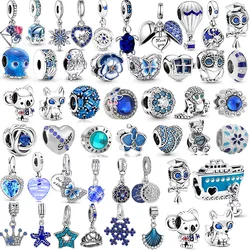 Colgante de cuentas de la serie Animal azul Chapado en 925 para Pandora, collar, pulsera, llavero, joyería fina DIY para mujeres y niñas, regalos