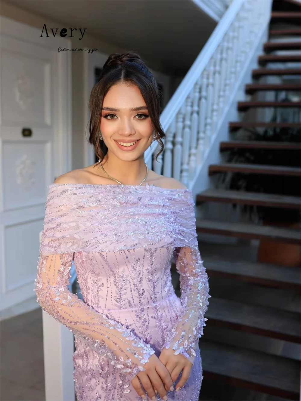 Avery personalizado encaje púrpura flores 3D cola de pez vestidos de noche elegantes para mujer vestidos de fiesta de lujo 2025 vestido de baile para mujer