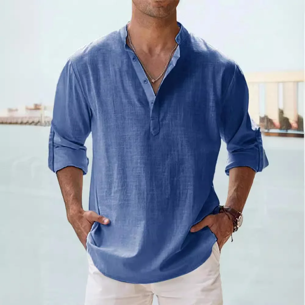 

Summer Casual Men's Loose Men's Stand-up Collar Sports Solid Color Long-sleeved Cotton Top Large Size New Shirt