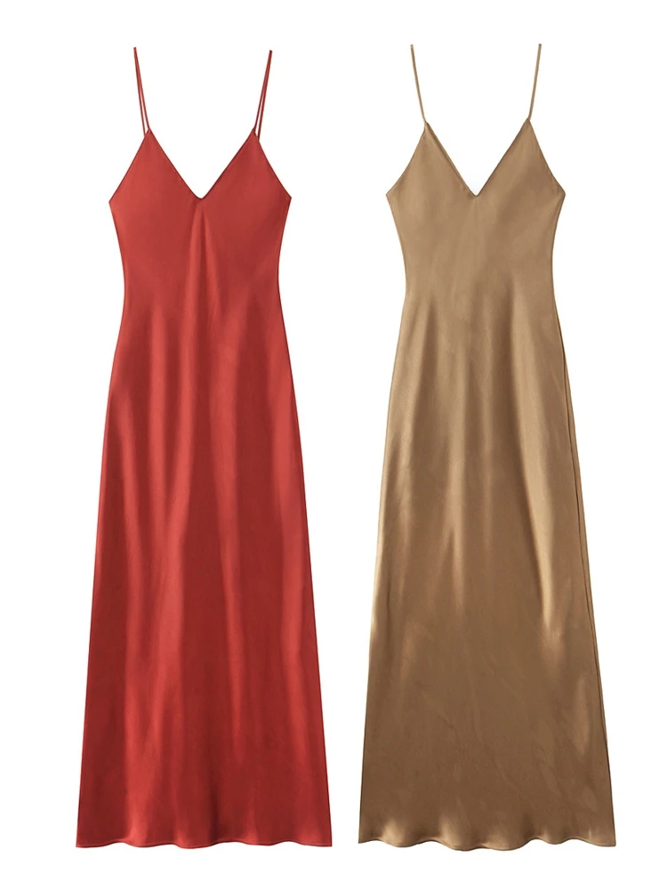 

OUROPEAN ZTATION 2025 Autumn Women Clothing Casual Sleeveless Satin Slip dress Dresses Elegant Spring Lady Maxi Skirt V-Collar