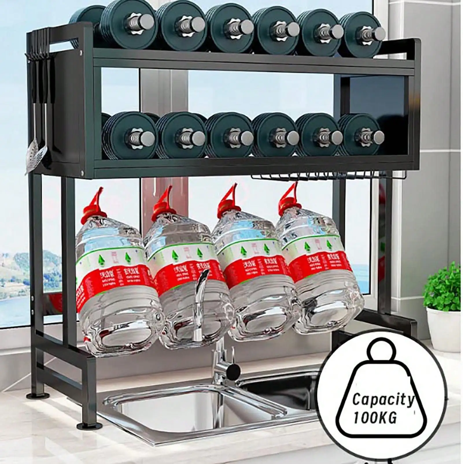 Heavy-Duty Over The Sink Dish Rack - Extra Large 33.5" Kitchen Organizer With Cover, 3-Tier Storage Shelf, Utensil Holder 3