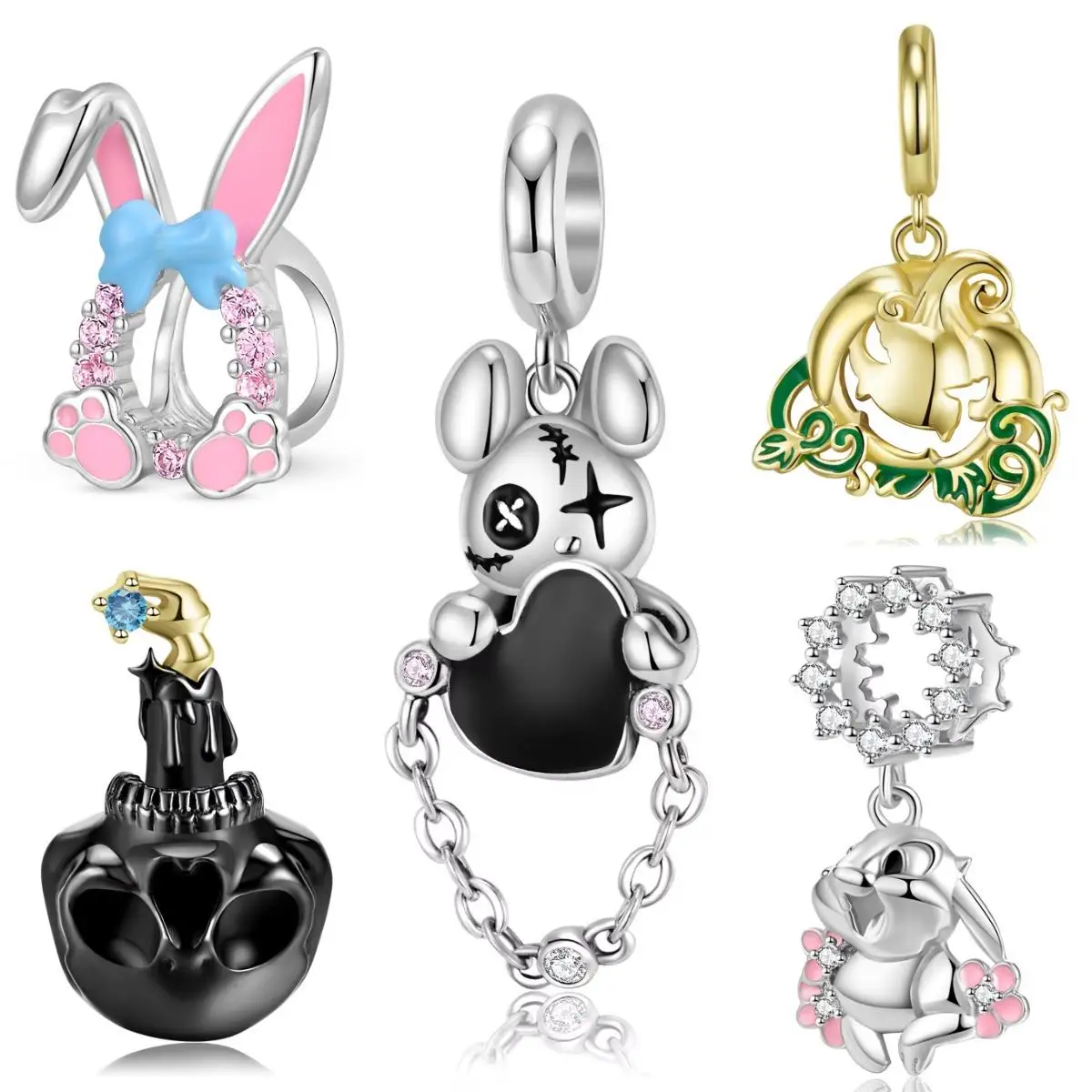 

925 Sterling Silver Animal Pink Rabbit Charm Violent Doll Color Pumpkin Heart Pendant for Original Bracelet Bangle Jewelry