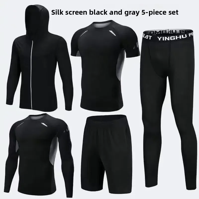 Set da allenamento da uomo ad asciugatura rapida da 5 pezzi: abbigliamento da palestra a compressione per corsa, allenamento e basket