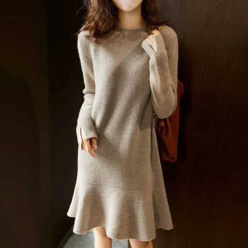 Red Knitted One-piece Dresses for Women Autumn Winter 2024 Loose Women\'s Sweater Knit Dress Korean Fashion Midi Chic and Elegant