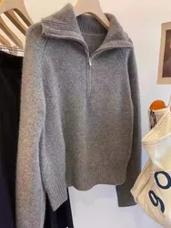European Autumn/Winter half zip lapel cashmere sweater women's loose thick turtleneck sweater gray sweater top