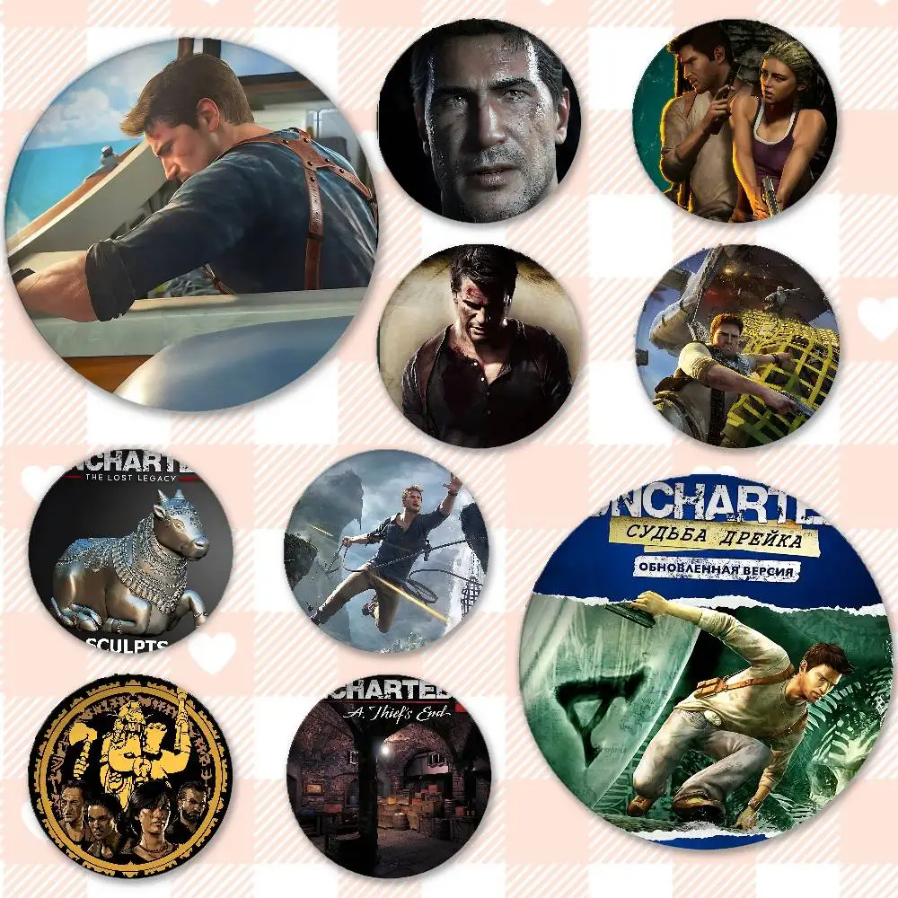 Game Uncharted The Lost Legacy Badges Peripheral Lapel Pins Tinplate Round Brooch For Shoulder Bag Accessories Souvenir Gifts