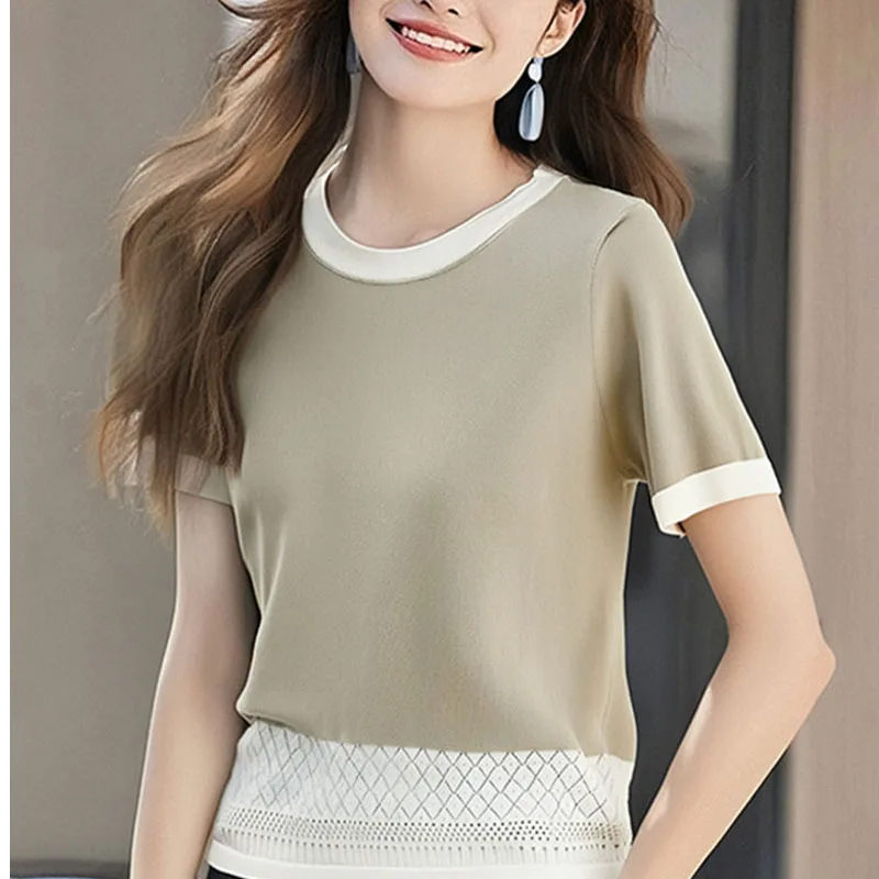 

Women's Clothing Patchwork Casual Slim T-shirt Summer Simple Knit Short Sleeve Hollow Out Tee Lady Versatile O-neck Pullover Top