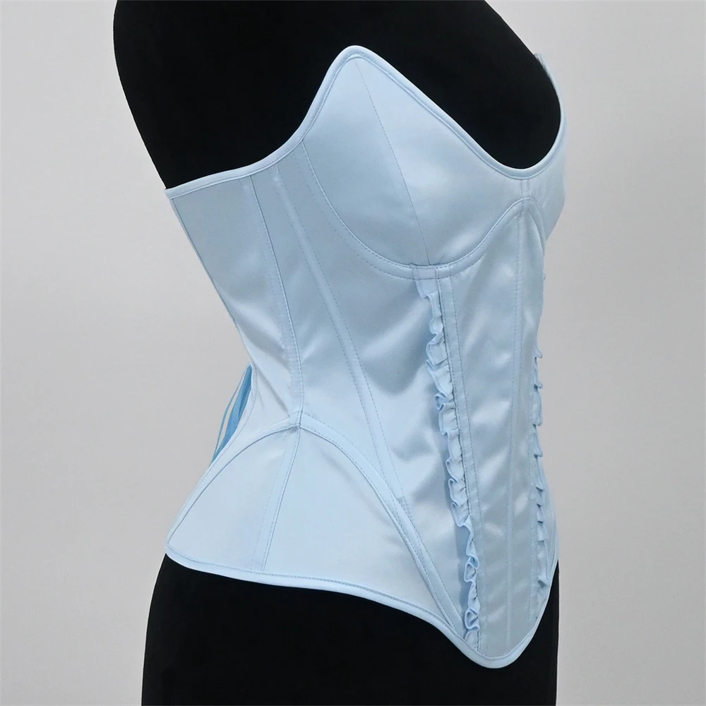 Women Overbust Corset Light Blue Lace Up Fishbone Palace Bodice Tops Vintage Strapless Body Shaper Bustier Stage Costume