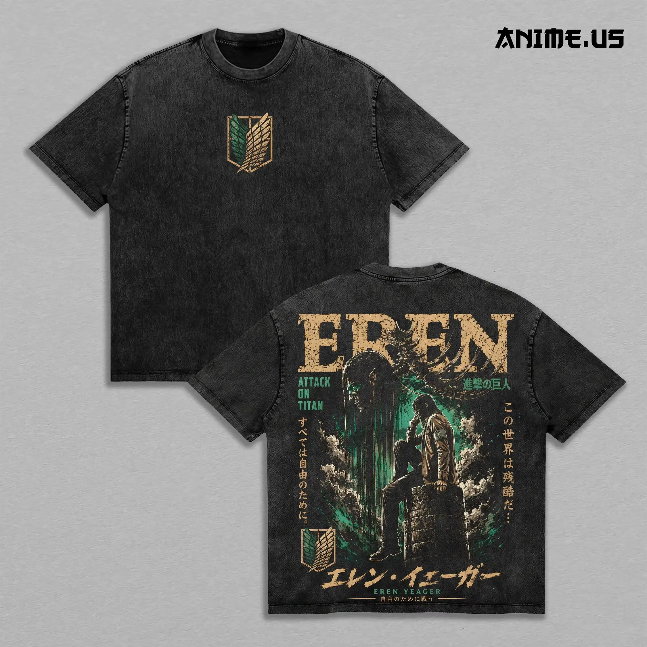 Attack on Titan EREN YEAGER Manga Graphic Print T-shirt Men Women Vintage Washed O-neck Cotton Top Loose Casual Oversized Tee