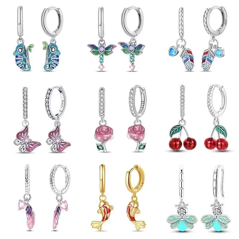Hapilife 925 Sterling Silver Chameleon Dragonfly Butterfly Golden Koi Ladybug Earrings For Women Fashion Party Jewelry