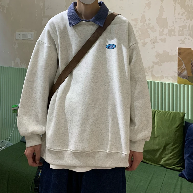 

Мужская толстовка в американском ретро-стиле с воротником, оверсайз, в японском стиле, с длинным рукавом, имитация двухслойности