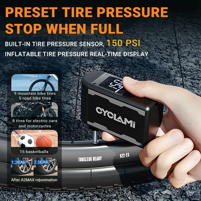 CYCLAMI A2 MAX Aluminum Alloy 150 PSI Bike Electric Pump Portable Bicycle Air Rechargeable Tire Inflator Schrader Presta Valve