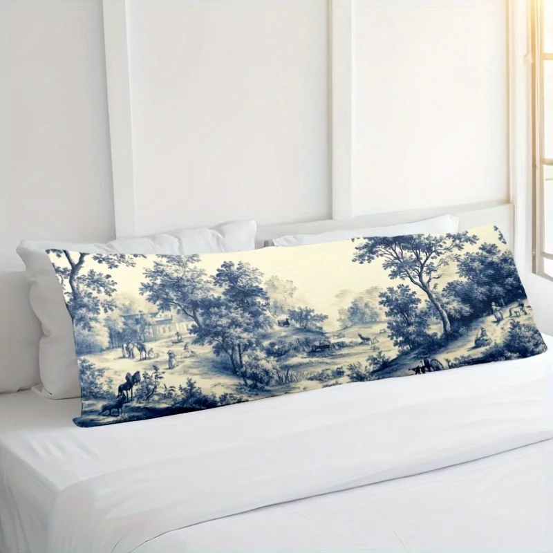 1pc Short Plush Long Pillowcase Double-Sided Printed A toile de Jouy Textile Print Pillowcase, Suitable for Farmhouse Indoor Out