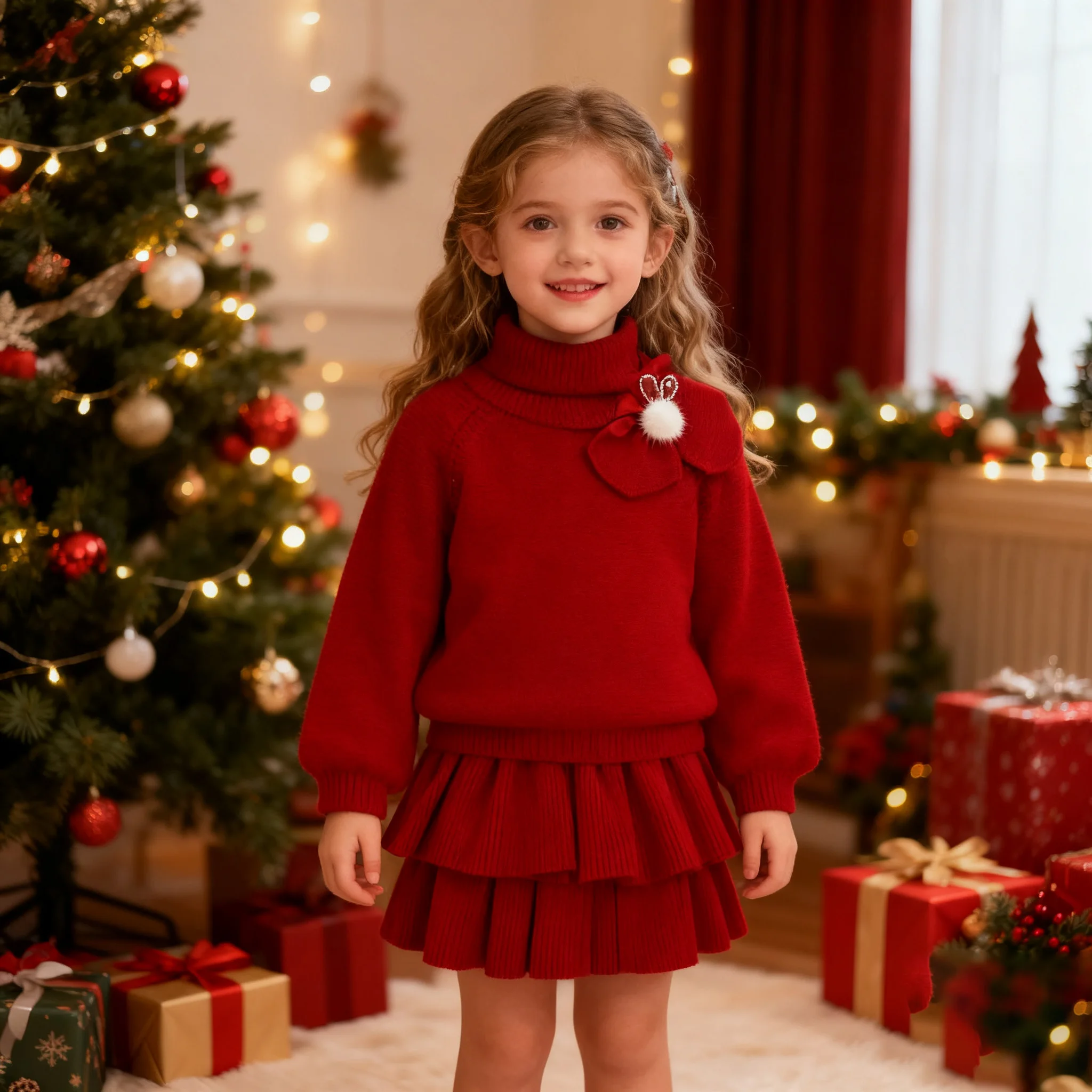 Fall/Winter NewYear Clothes warm Girls' Knitted Skirt Set Christmas Round Neck Bow Collar REd Skirt Two-piece Set