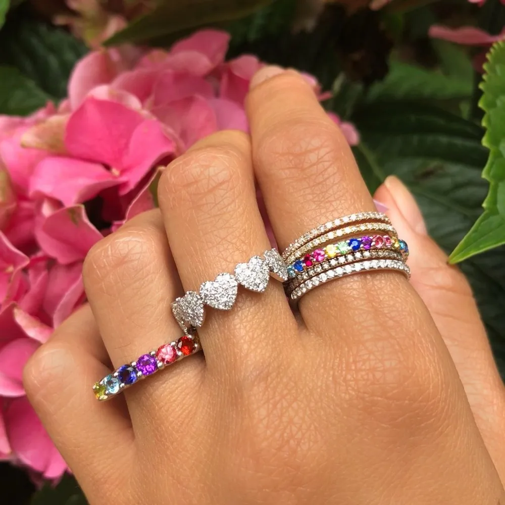 Lover valentine\'s gift Micro pave cz heart gold multi silver color women finger ring size 6 7 8