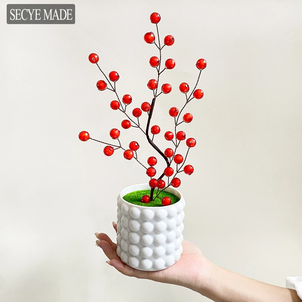 

Artificial Plant Potted Holly Little Red Fruit Bonsai New Year Christmas Home Living Room Ornaments Wedding DIY Gifts Decor L52
