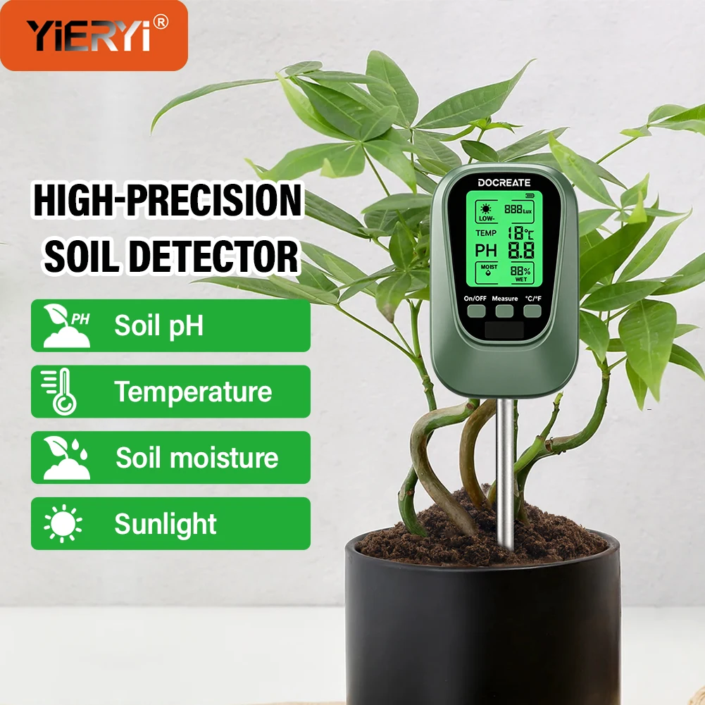 

YIERYI 4-в-1 цифровой измеритель pH почвы, тестер освещенности, температуры и влажности, высокоточный детектор почвы для садовых растений