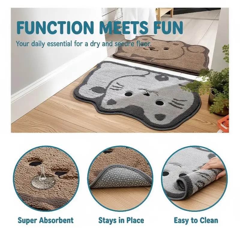 Floor Mat Cute Cartoon Animal Pattern Super Soft Imitation Cashmere Fast Absorbent Non-Slip Bath Rug for Shower Bathroom Home