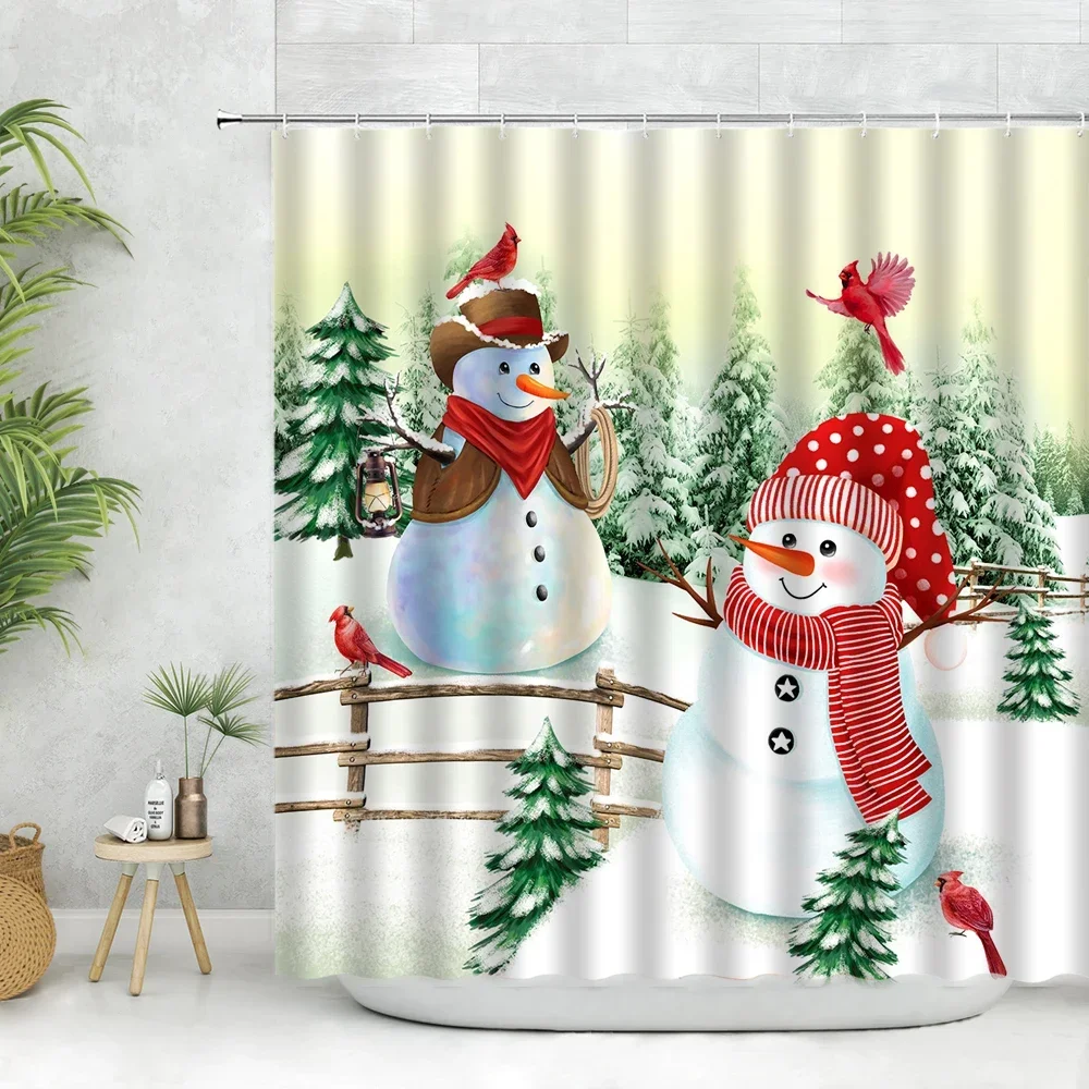 Christmas Shower Curtain Set Snowmen Bird Snow Pine Tree Forest Snowflakes Azure Dreams Bathroom Curtain Xmas Decor Fabric Cloth