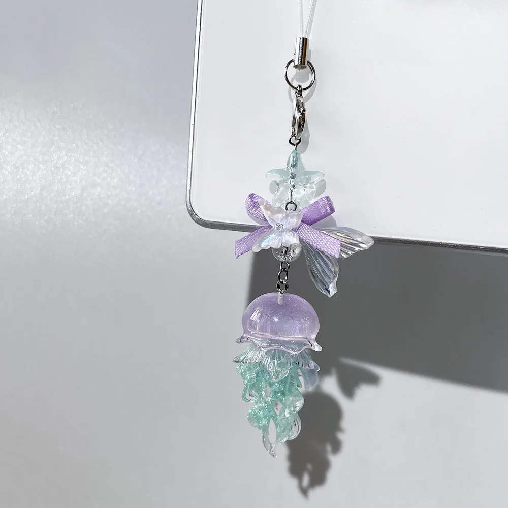 Purple Cyan Jellyfish Phone Chain Charm Fairycore Starfish Mermaid Fishtail Bow Bead Keychain Strap Car Key Camera Decor Gift