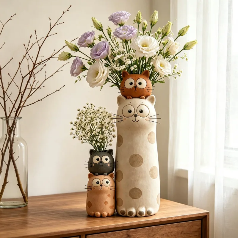 22cm Cartoon Cat Vase Hydroponic Planter Bud Flower Pot Cute Desktop Tabletop Home Room Office Fresh Cut Flowers Decoration