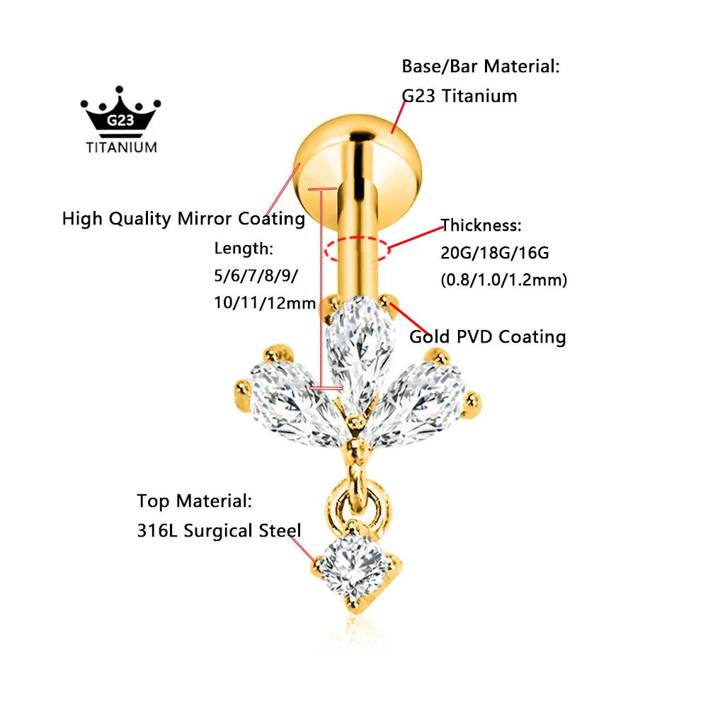 ASTM F136 G23 Titanium Flower Petals Drop Labret Threadless Piercing Pin Push in Lip Stud Daith Conch Earring 16G 18G 20G
