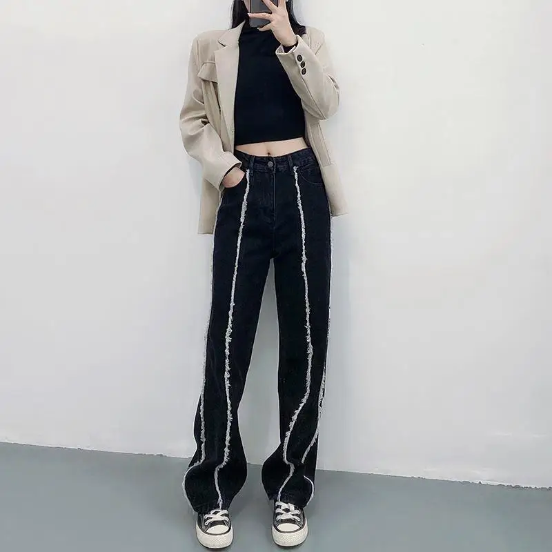 2025 Spring and Autumn New High Waist Slimming Tall Straight Leg Loose Wide Leg Black Women's Jeans Floor-Mopping Pants Trendy