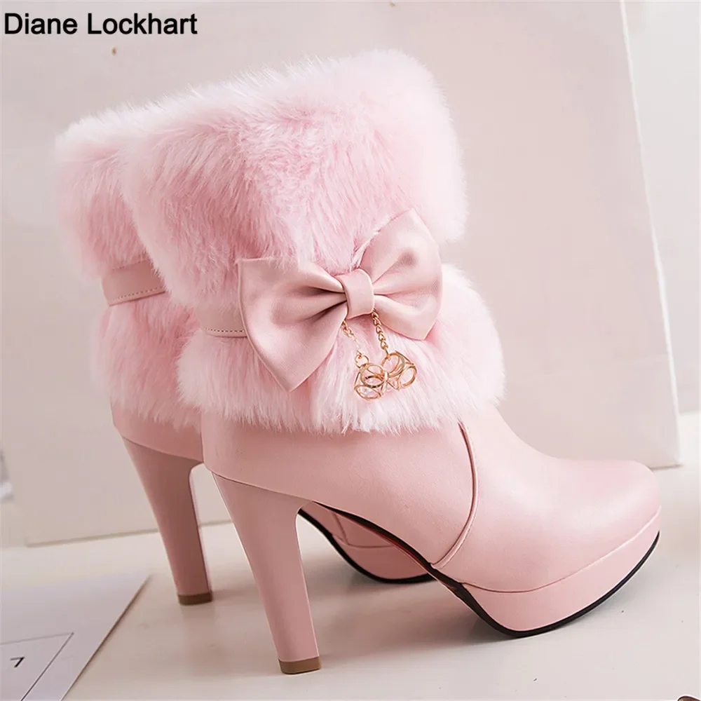 Winter Womens Fur Tassel Bowtie bow high heel booties Pink White Black Lovely Lolita Ladies Party Wedding Shoes free shipping