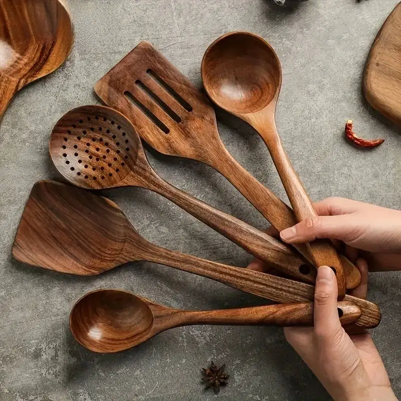 5PCS Thailand Teak Cooking Spoon Natural Wooden Kitchen Tableware Tool Ladle Turner Rice Colander Soup Skimmer Scoop Utensils