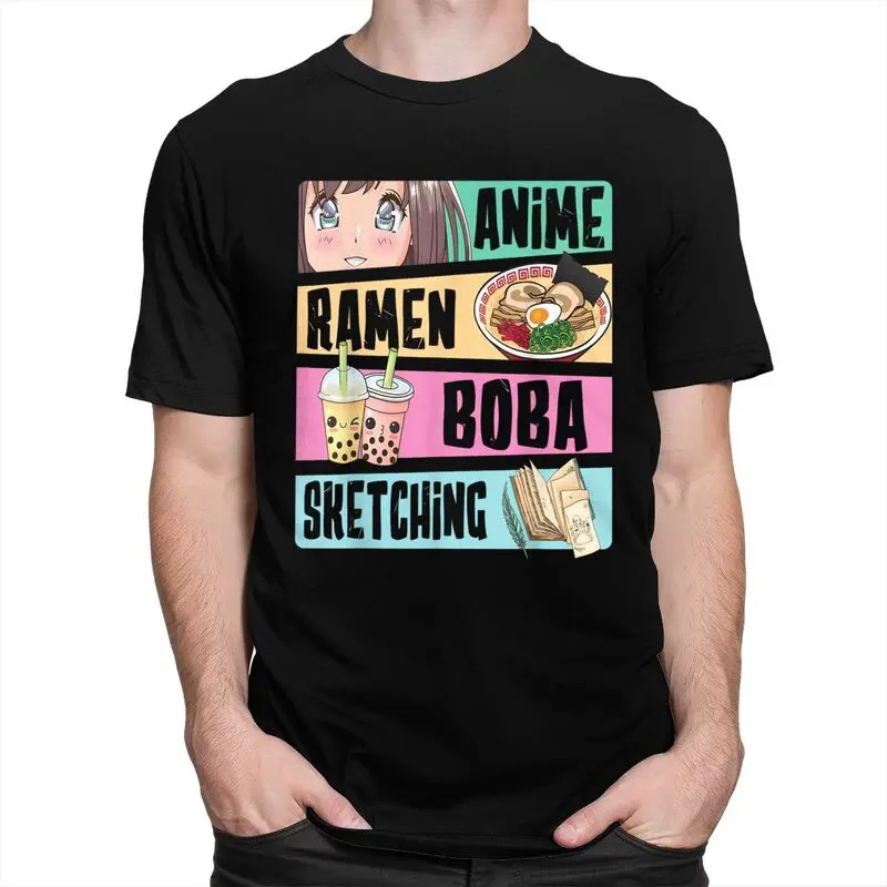 Custom Anime Ramen Boba Sketching T Shirt for Men 100% Cotton Tshirt Leisure Tee Short Sleeves T-shirt