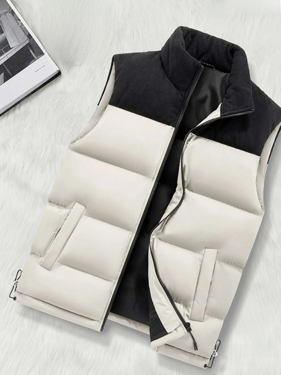 

New Men's Patchwork Color Blo Vest Winter Thiened Stand Collar Corduroy Jaet Light Version Casual Color Hanfu