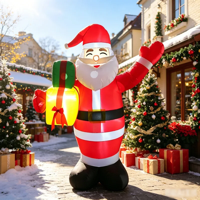 8FT Christmas Inflatable Santa Claus Waving Gift Pack Built-in LED Lights Indoor Outdoor Holiday Decoration Garden Party Props