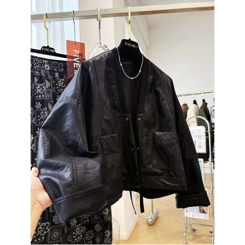 Premium Sense Huge Good-looking Lazy Style Loose Casual V-neck Pu Leather Jacket Women's Spring Autumn Bat Sleeve Leather Jacket
