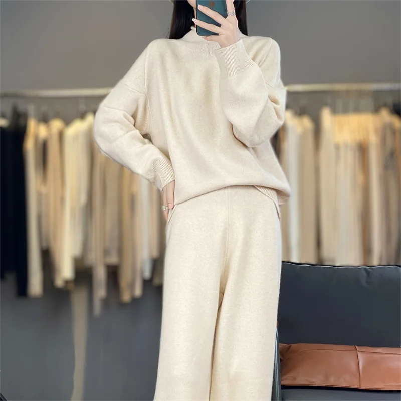 Autumn And Winter Set 100% Wool Loose Sweater And Wide-Leg Pants Knitted Two-Piece Casual Off-Shoulder Sleeve Women'S Outfit