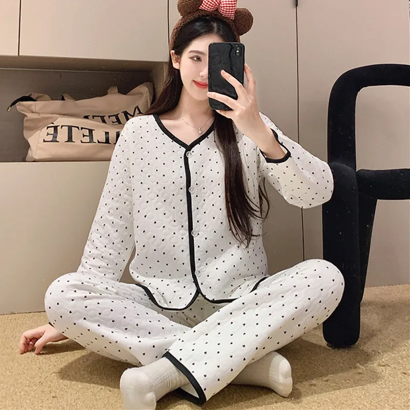 

Женские пижамы с цветочным принтом, осенне-зимний комплект одежды для сна, повседневная хлопковая ночная рубашка с длинными рукавами, женские пижамы, весенний домашний костюм