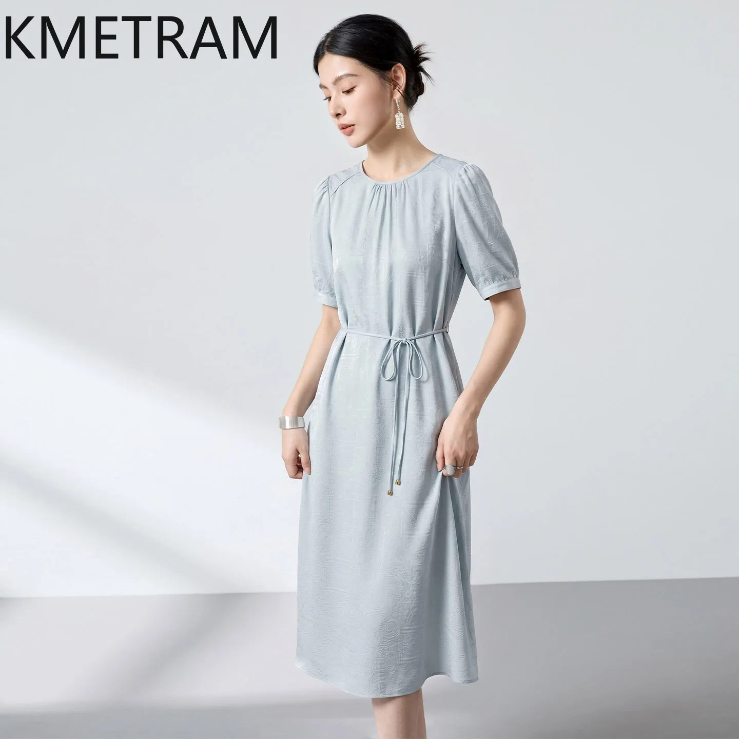 KMETRAM 100% Natural Mulberry Silk Dresses for Women Blue Jacquard Midi Dress Summer Casual Frocks Woman Clothes 2026 ropa mujer