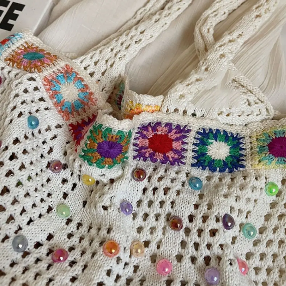 

Вязаная сумка на плечо в корейском стиле контрастного цвета, большая вместительная вязаная крючком сумка-тоут, универсальная полая повседневная тканая сумка