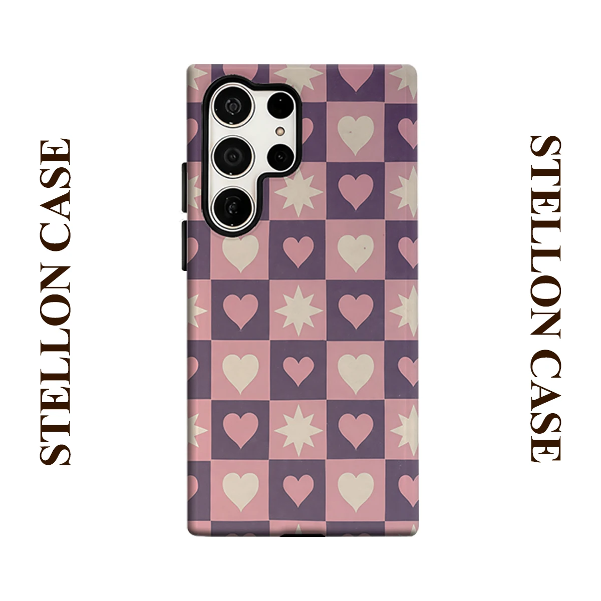 Lilac Pink Checker Heart Star For Samsung Galaxy Phone Case S23 S20 S25 FE S24 Plus S26 Ultra 2-IN-1 Shockproof Bumper Hard PC