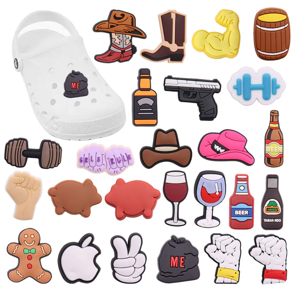 Single Sale 1pcs PVC Shoe Charms Cowboy Hat Whiskey Beer Barbell Slipper Accessories Garden Shoes Ornament Buckle For Kids Gift