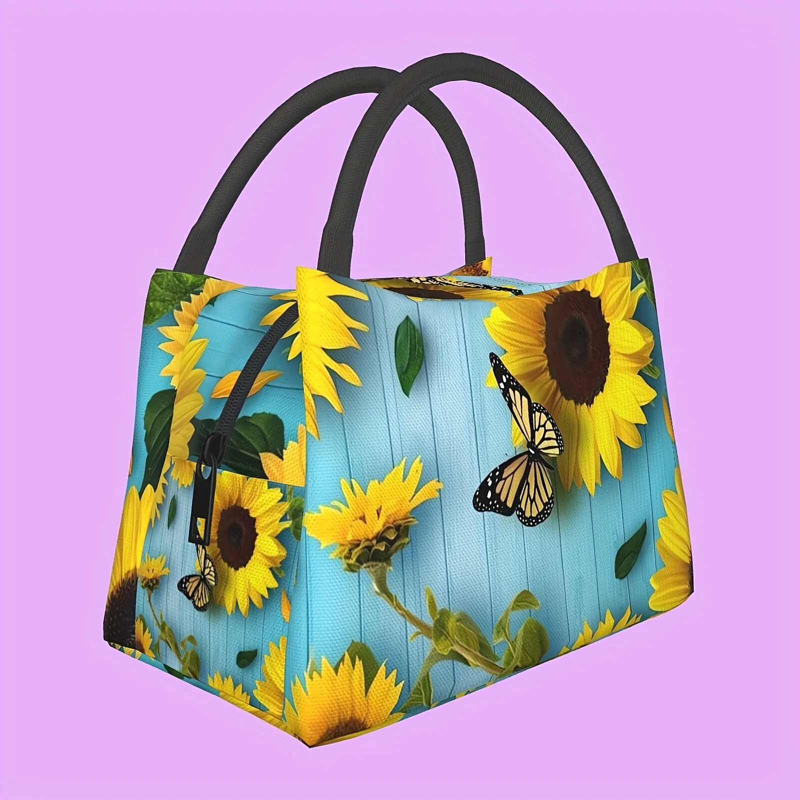 Sunflower Butterfly Cooler Lunch Bag Insulated Thermal Tote Durable Polyester Food Carrier for Work Picnic