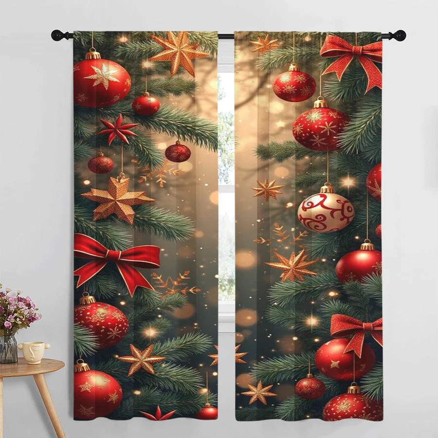 2PCS Christmas Ball Ornaments Curtains, Pine Branch Red Gold Bauble Warm Bokeh Light, Festive Holiday Window Drapes for Bedroom