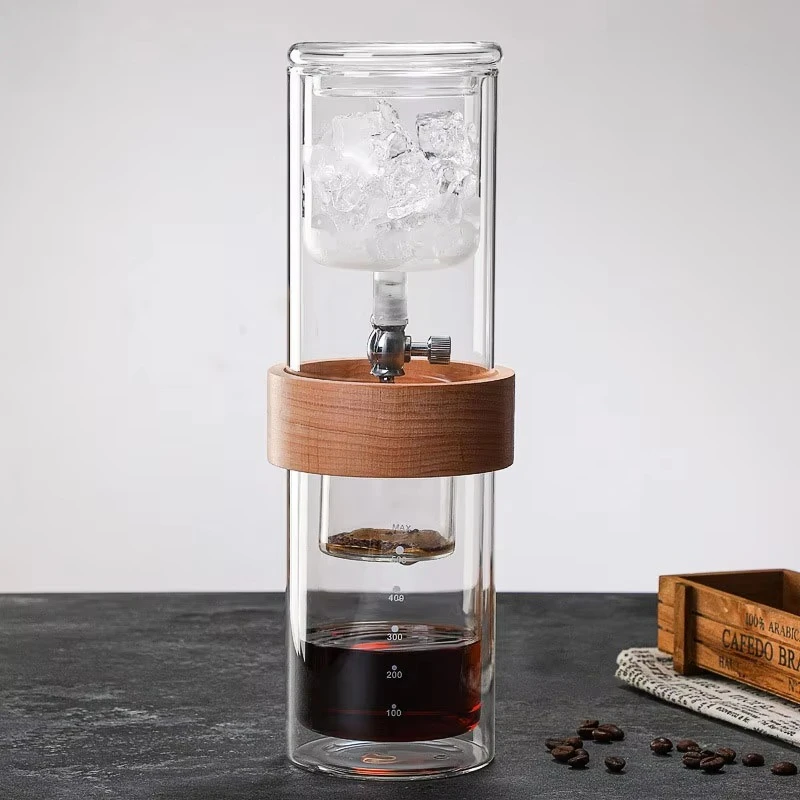 Capacity Wooden Ring Iced Coffee Pot Double Glass Cold Brewing Pot with Drip Filter