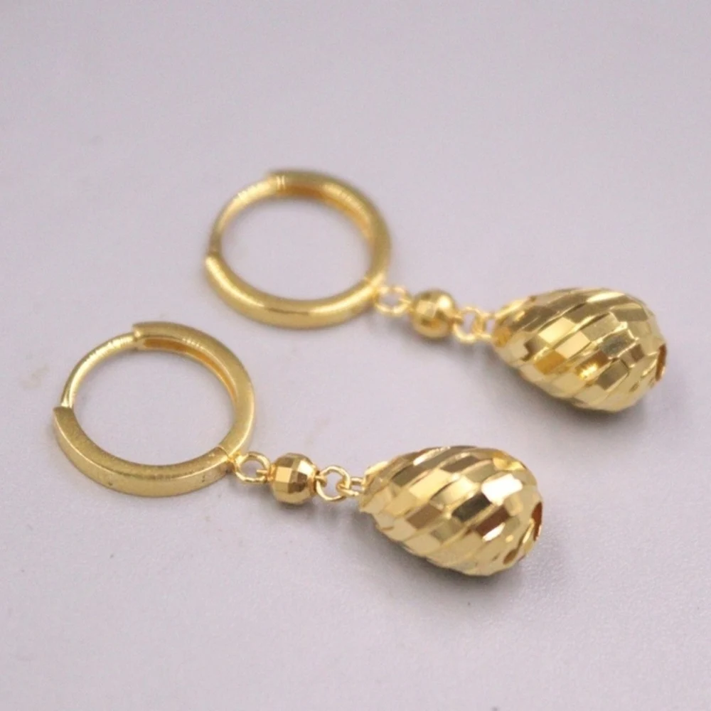 

Real Pure 18K Yellow Gold Hoop Women Carved Twill Water Drop Dangle Earrings 2.56g