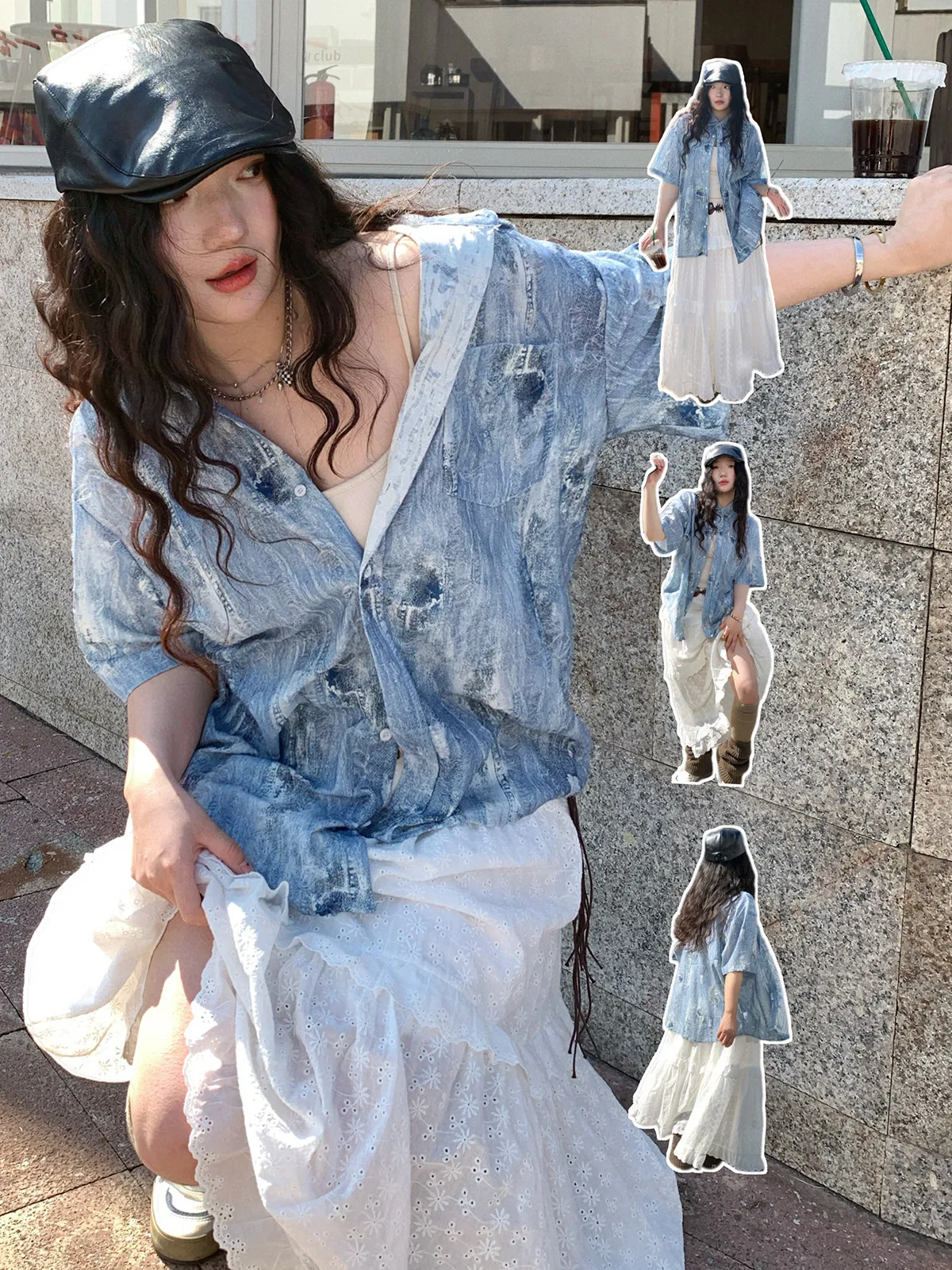 

Летняя джинсовая рубашка JDL MODE синего цвета с эффектом потертости, с коротким рукавом и воротником, женская, винтажная, повседневная, уличный стиль, свободный крой, стандартная длина